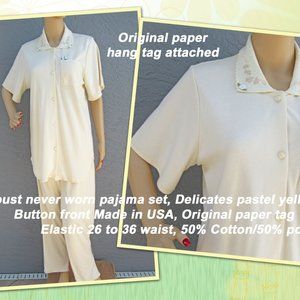 Never worn pajama set, Delicates, Pastel yellow, Button front top, Made in USA